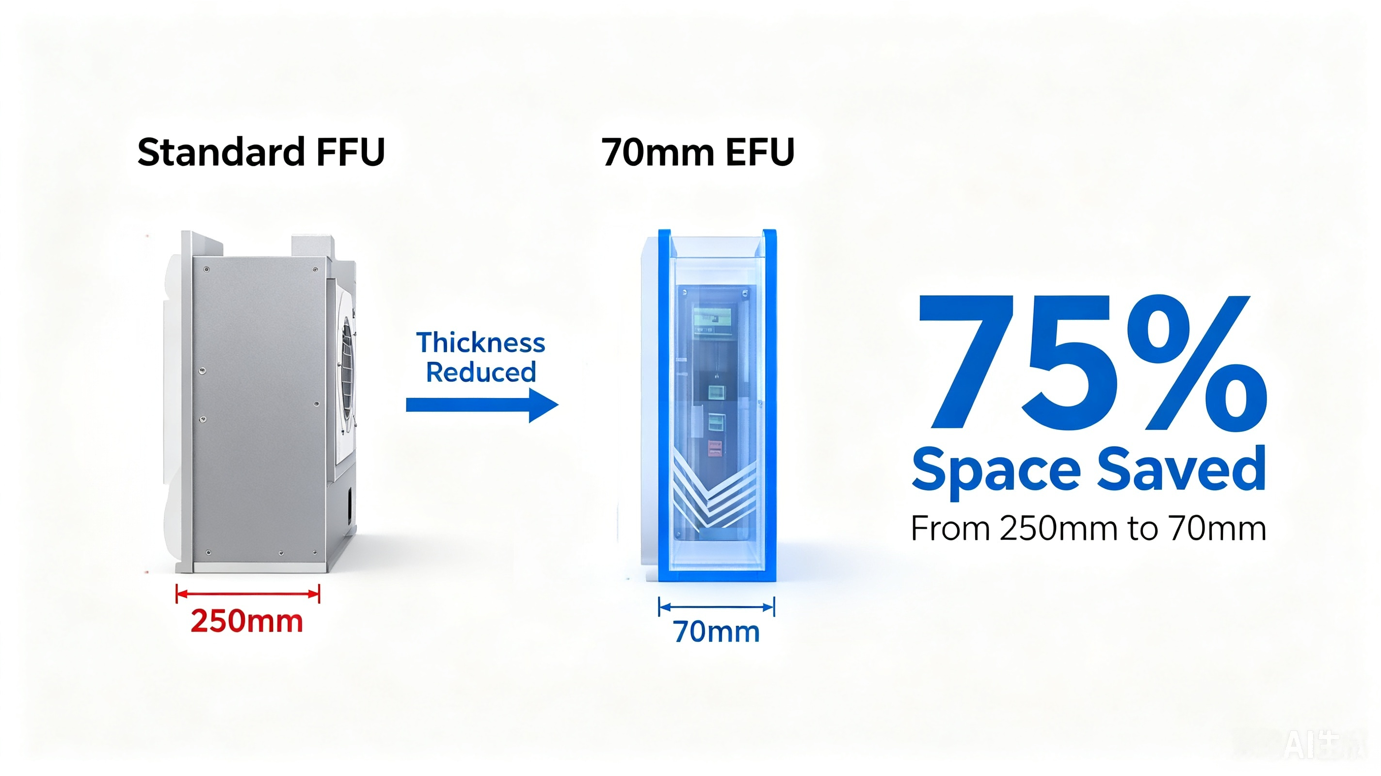 Thickness comparison: standard FFU 200-350mm vs Deshengxin 70mm ultra-thin EFU, showing 75% space saving and ~100mm total installed thickness for semiconductor equipment integration.